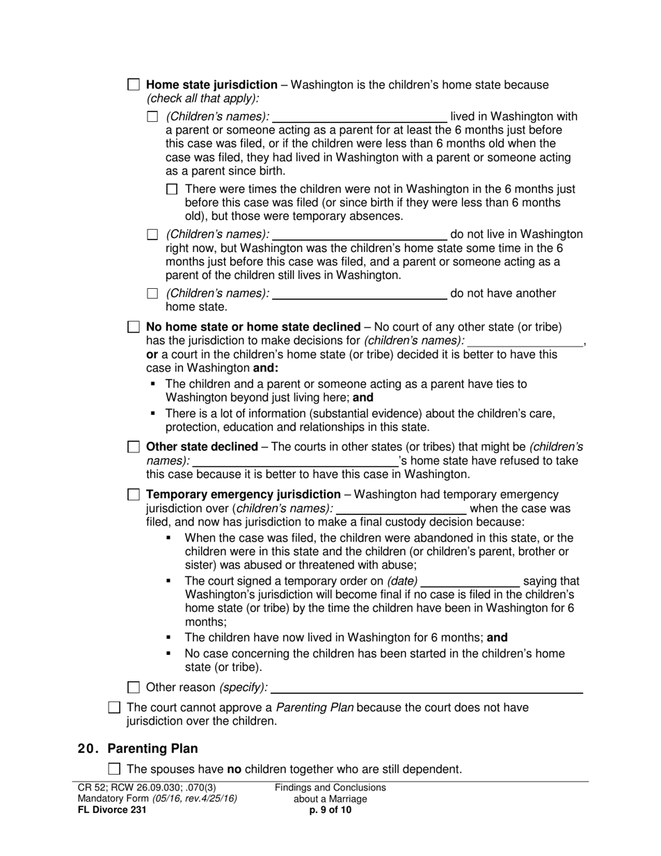 Form FL Divorce231 Findings and Conclusions About a Marriage - Washington, Page 9