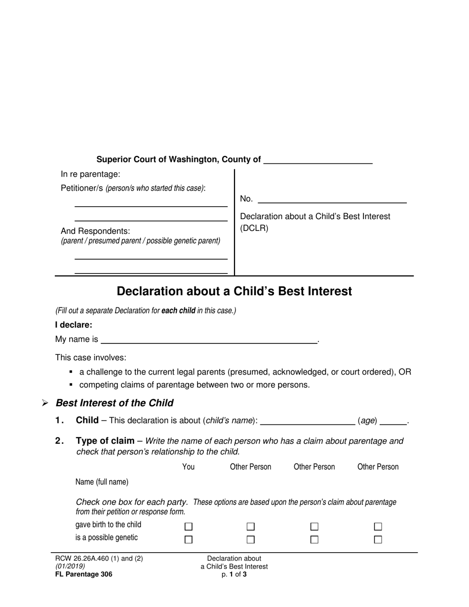 Form FL Parentage306 Declaration About a Childs Best Interest - Washington, Page 1