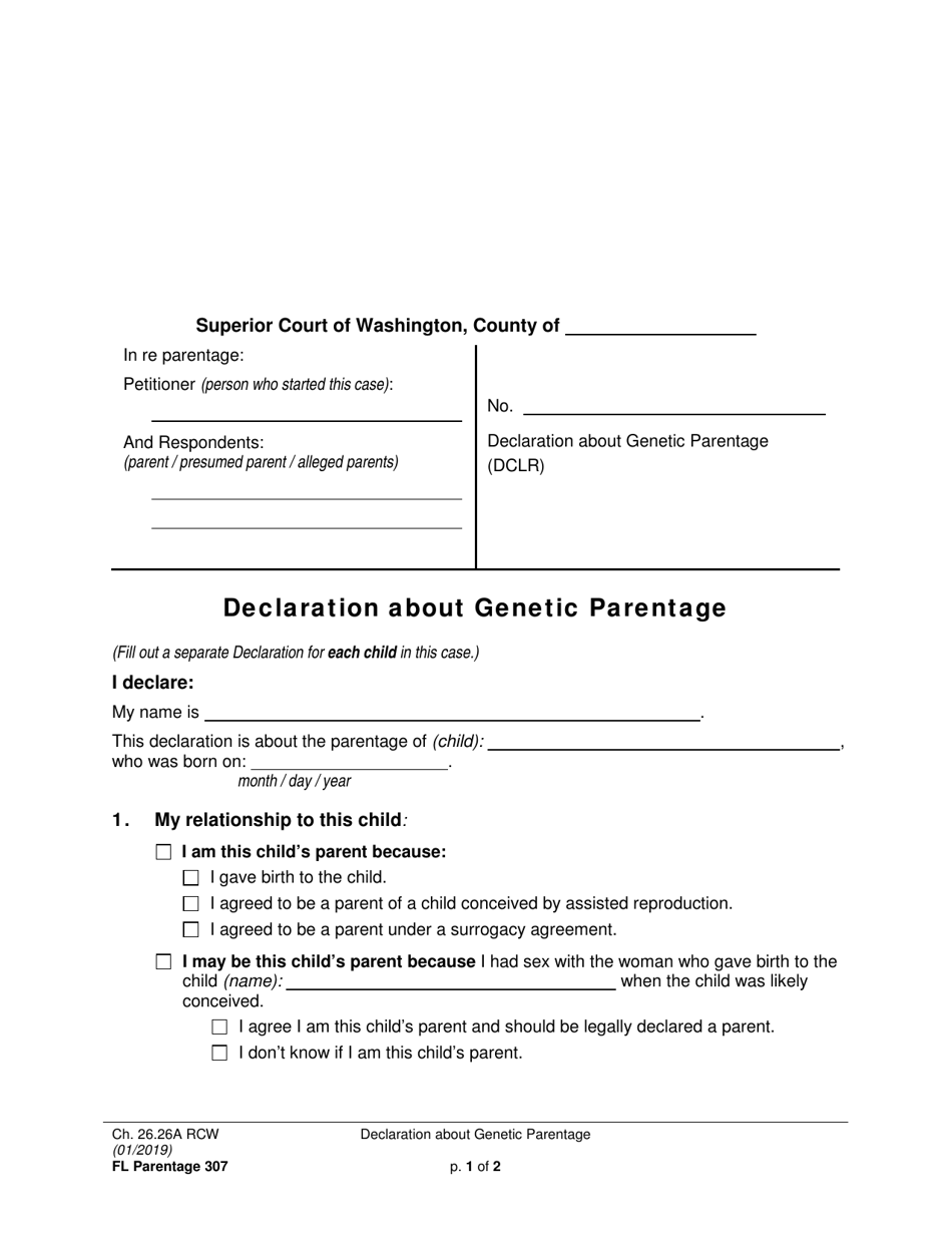 Form FL Parentage307 Declaration About Genetic Parentage - Washington, Page 1