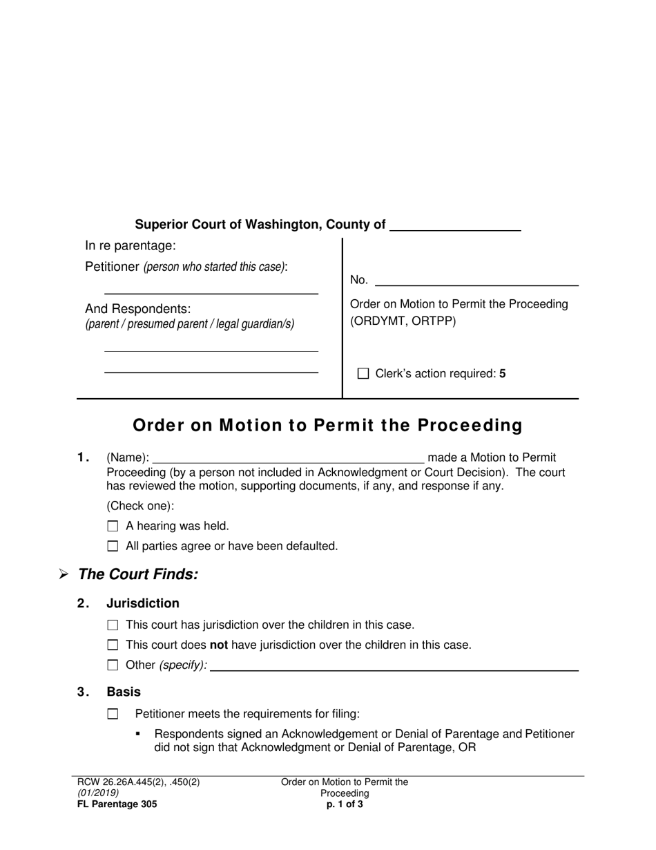 Form FL Parentage305 Order on Motion to Permit the Proceeding - Washington, Page 1