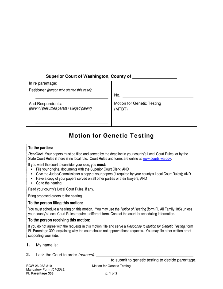Form FL Parentage308 Motion for Genetic Testing - Washington, Page 1