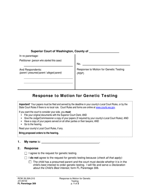 Form FL Parentage309 Response to Motion for Genetic Testing - Washington