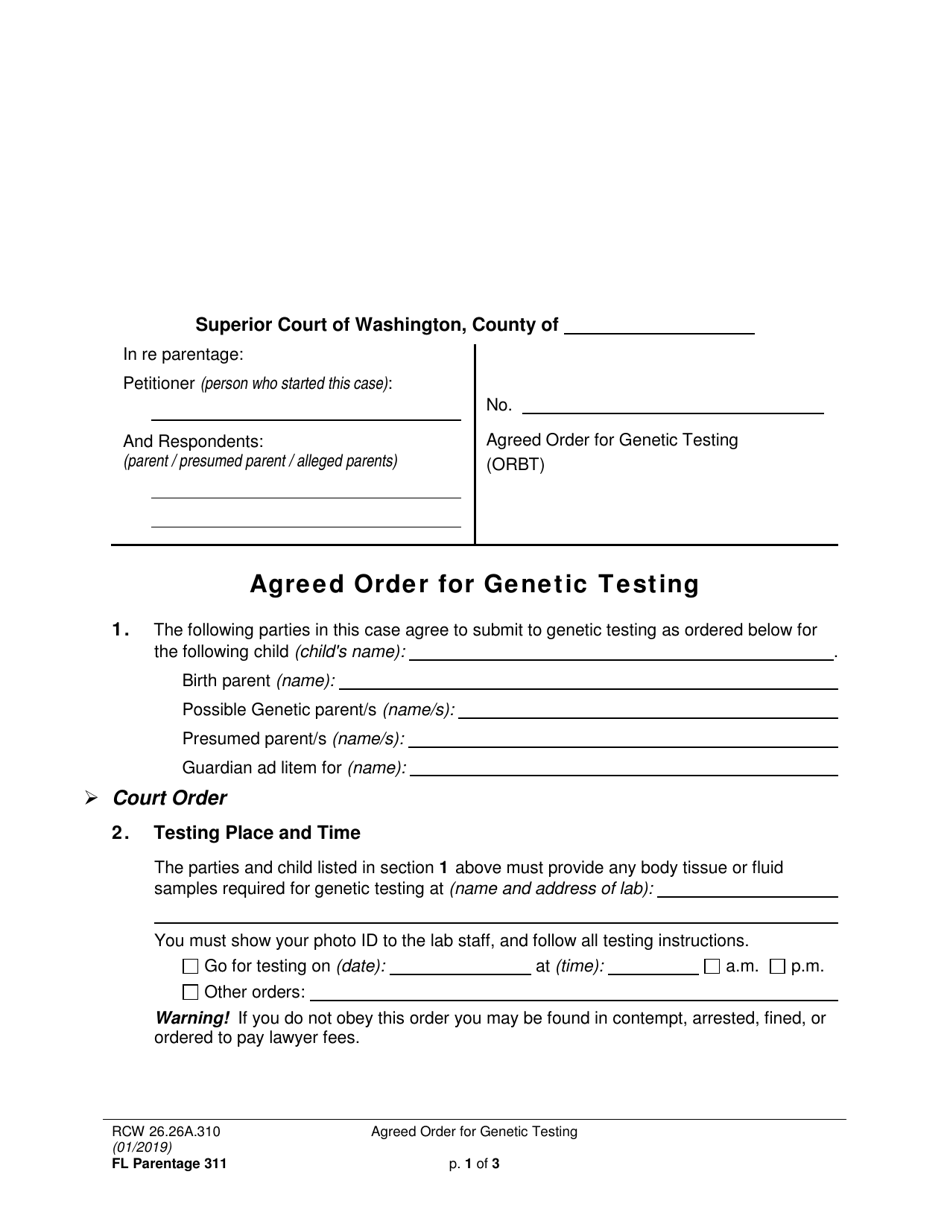 Form FL Parentage311 Agreed Order for Genetic Testing - Washington, Page 1