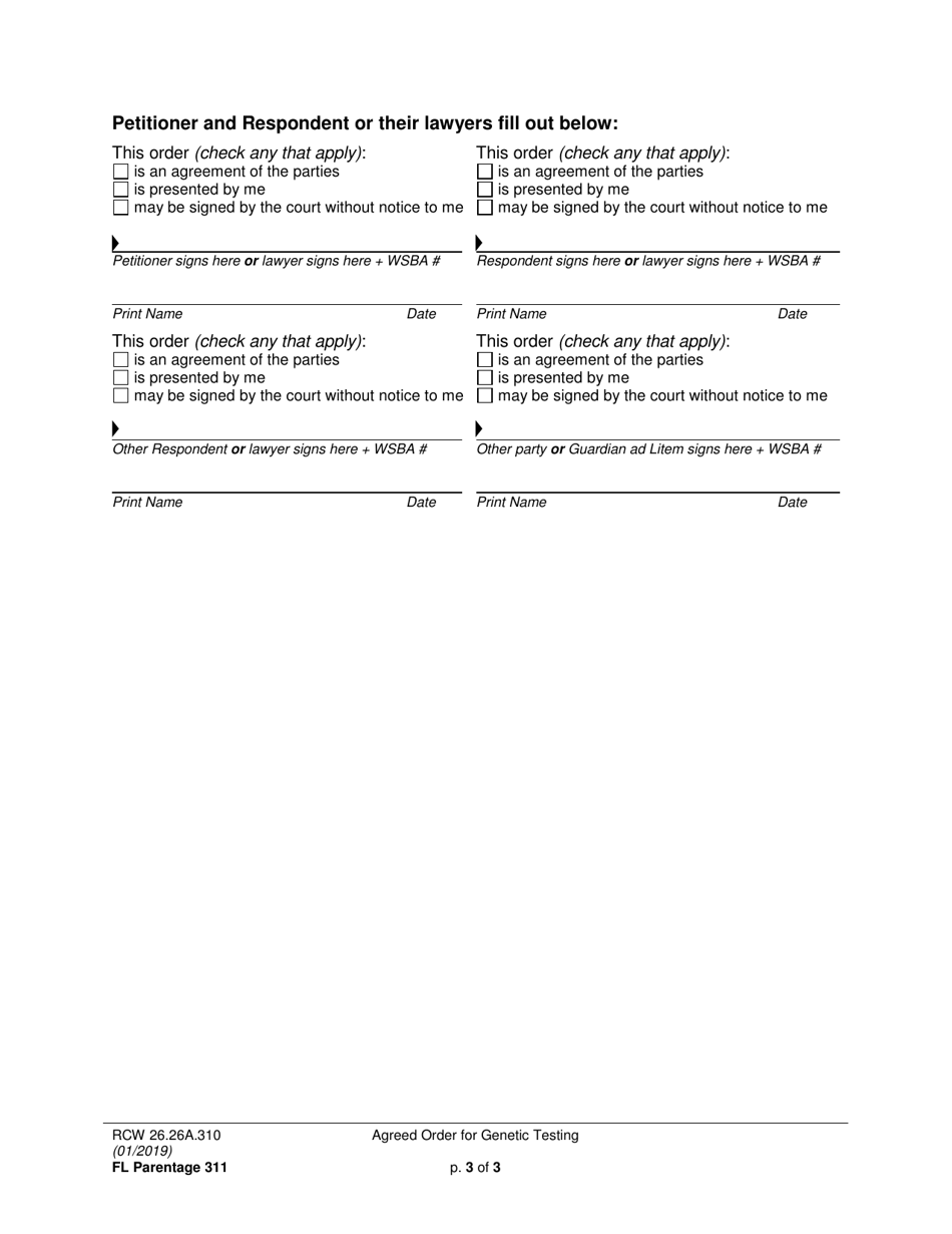 Form FL Parentage311 Agreed Order for Genetic Testing - Washington, Page 3
