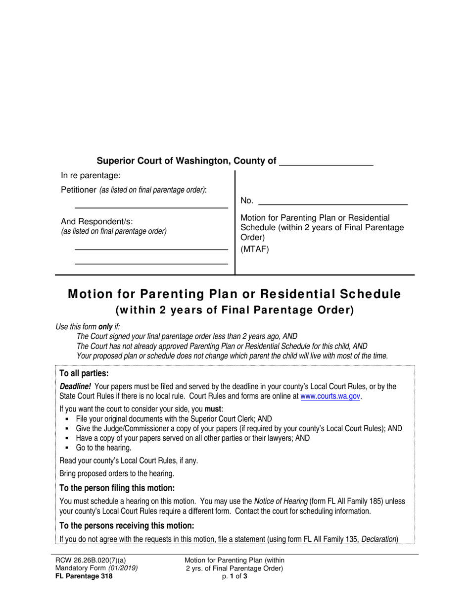 Form FL Parentage318 Motion for Parenting Plan or Residential Schedule (Within 2 Years of Final Parentage Order) - Washington, Page 1
