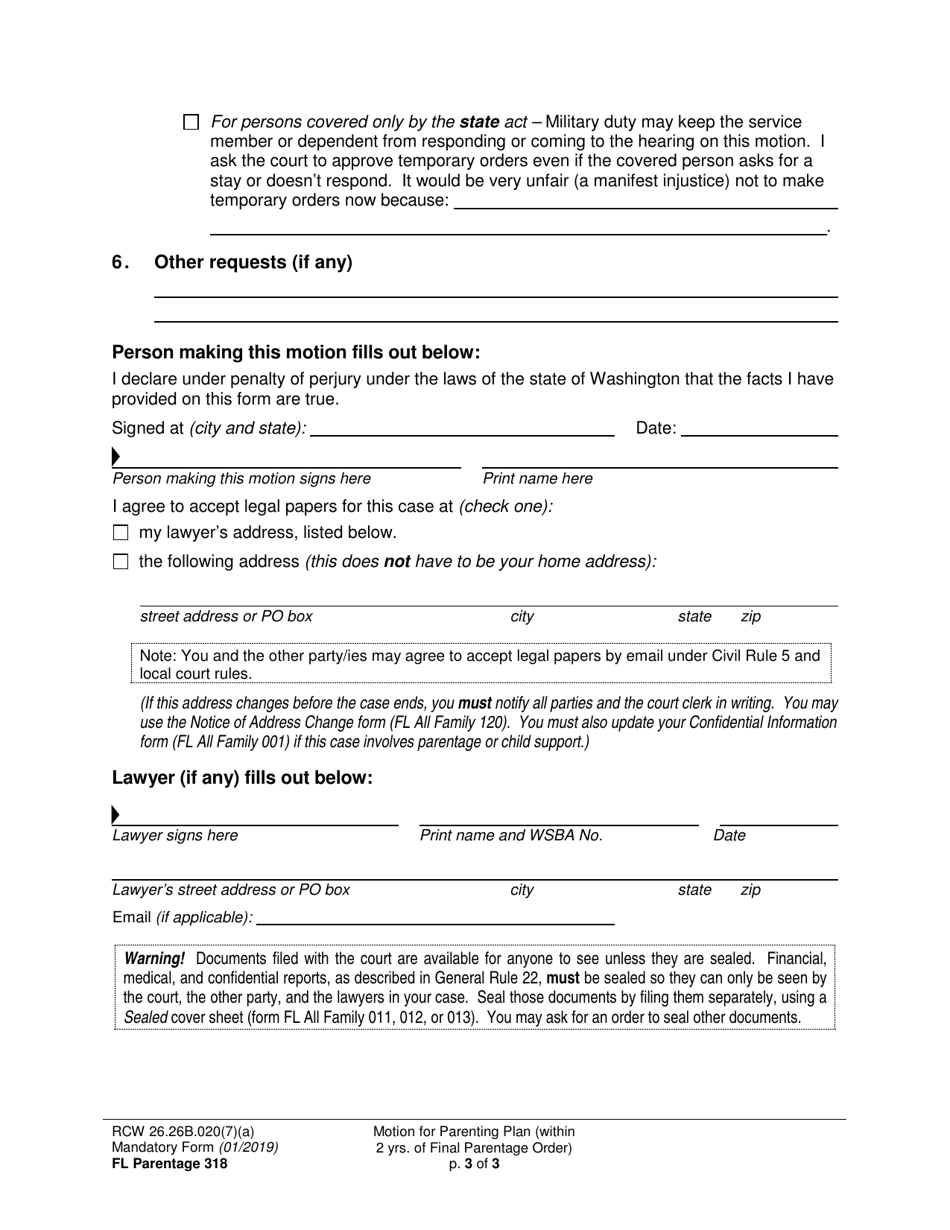 Form FL Parentage318 Motion for Parenting Plan or Residential Schedule (Within 2 Years of Final Parentage Order) - Washington, Page 3