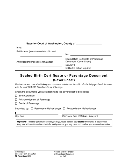 Form FL Parentage329 Sealed Birth Certificate or Parentage Document (Cover Sheet) - Washington
