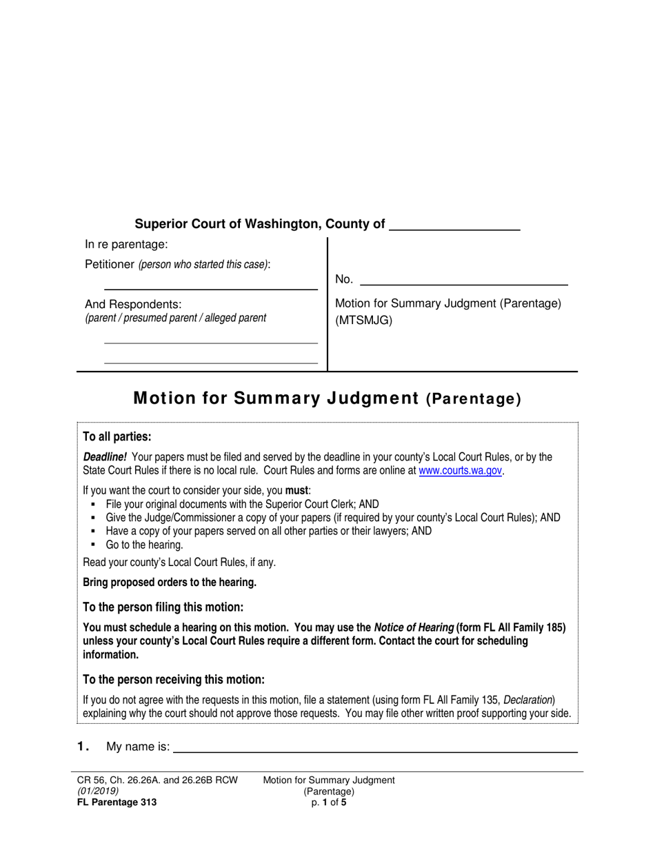 Form FL Parentage313 Motion for Summary Judgment (Parentage) - Washington, Page 1