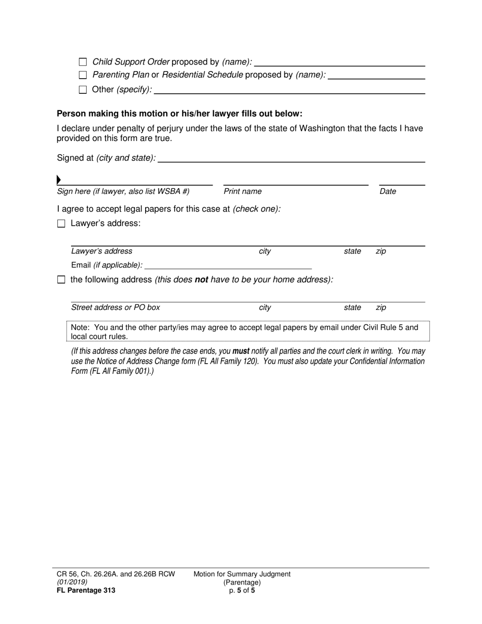 Form FL Parentage313 Motion for Summary Judgment (Parentage) - Washington, Page 5