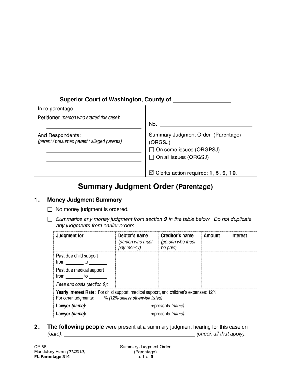 Form FL Parentage314 Summary Judgment Order (Parentage) - Washington, Page 1
