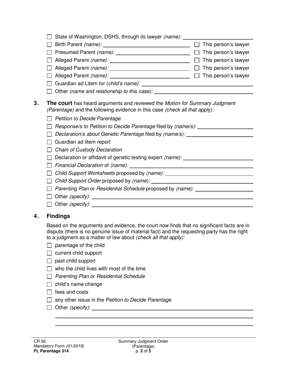 Form FL Parentage314 Summary Judgment Order (Parentage) - Washington, Page 2
