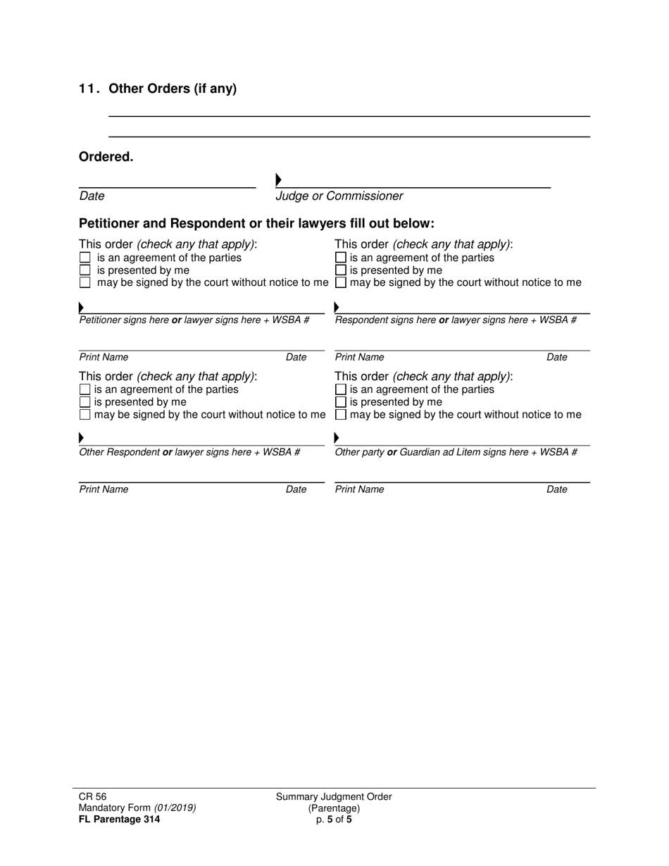 Form FL Parentage314 Summary Judgment Order (Parentage) - Washington, Page 5