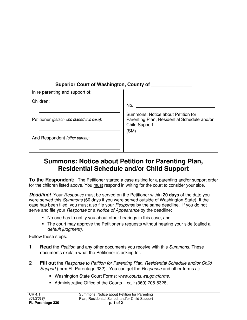 Form FL Parentage330 Summons: Notice About Petition for Parenting Plan, Residential Schedule and / or Child Support - Washington, Page 1
