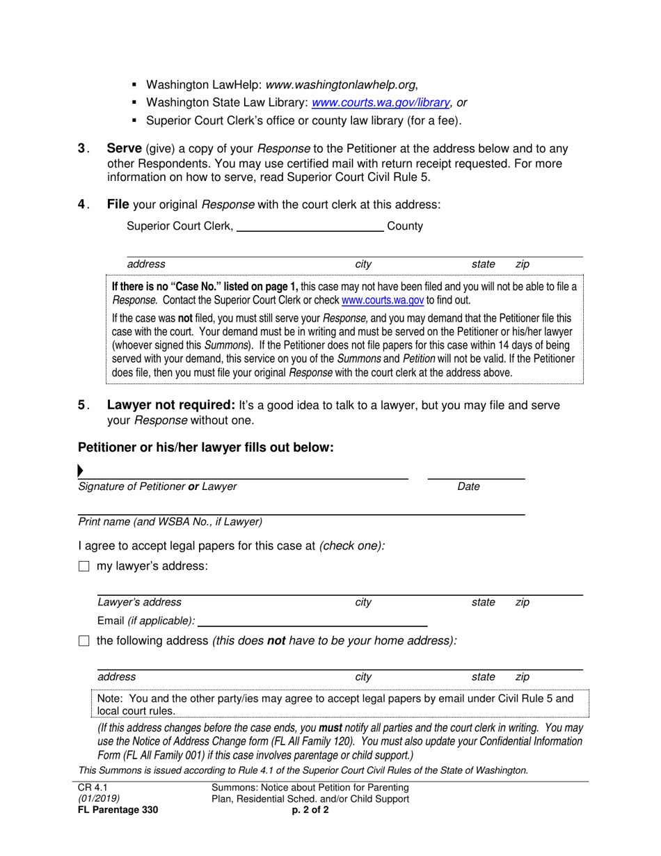 Form FL Parentage330 Summons: Notice About Petition for Parenting Plan, Residential Schedule and / or Child Support - Washington, Page 2