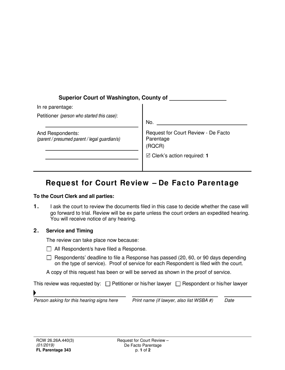 Form FL Parentage343 Request for Court Review - De Facto Parentage - Washington, Page 1