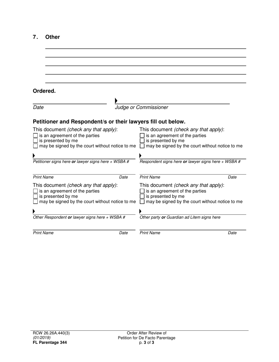 Form FL Parentage344 Order After Review of Petition for De Facto Parentage - Washington, Page 3