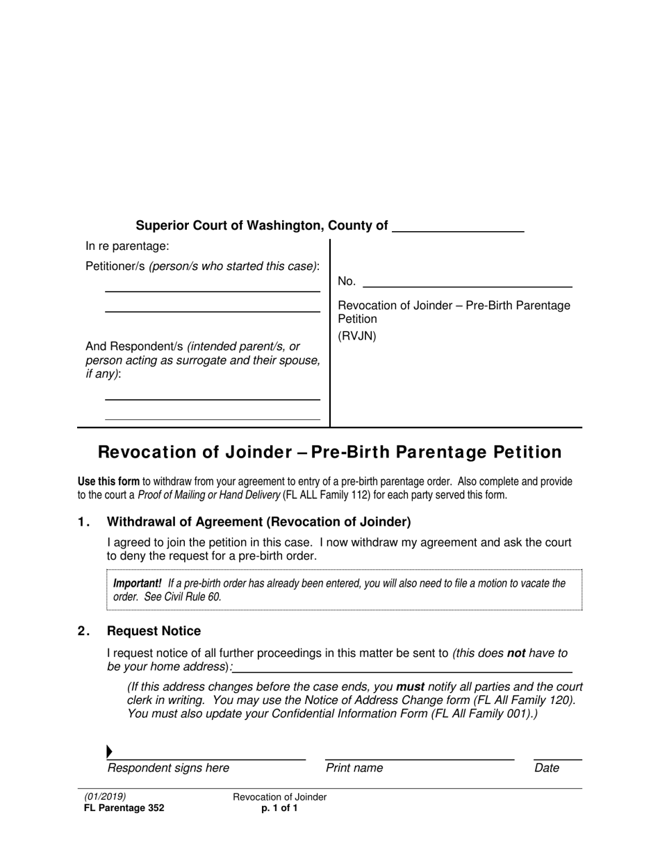 Form FL Parentage352 Revocation of Joinder - Pre-birth Parentage Petition - Washington, Page 1