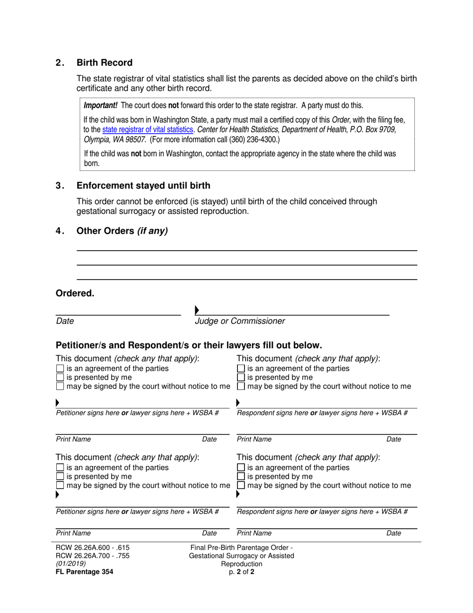 Form FL Parentage354 Final Pre-birth Parentage Order - Gestational Surrogacy or Assisted Reproduction - Washington, Page 2