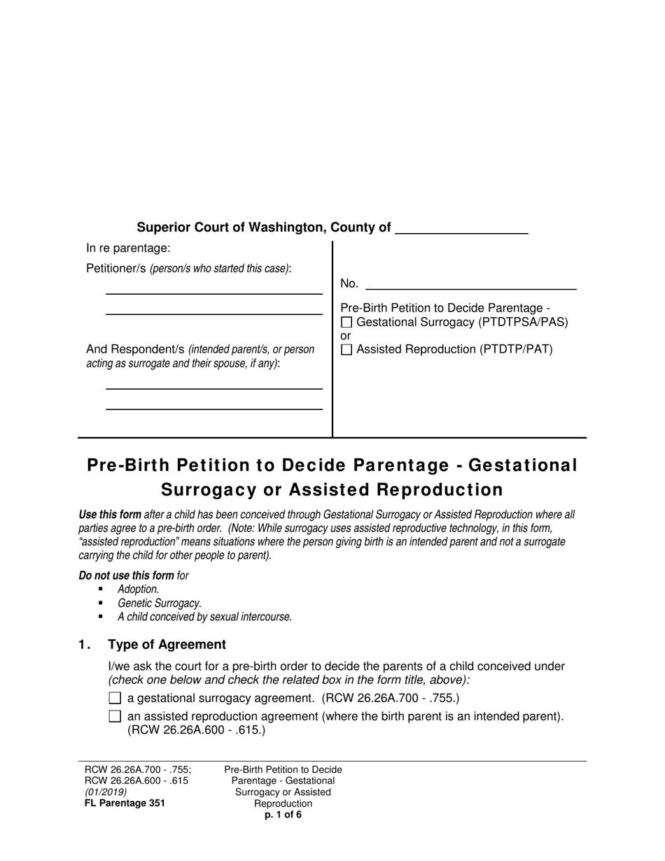 Form FL Parentage351 Pre-birth Petition to Decide Parentage - Gestational Surrogacy or Assisted Reproduction - Washington, Page 1