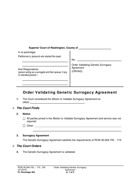 Form FL Parentage364 Order Validating Genetic Surrogacy Agreement - Washington