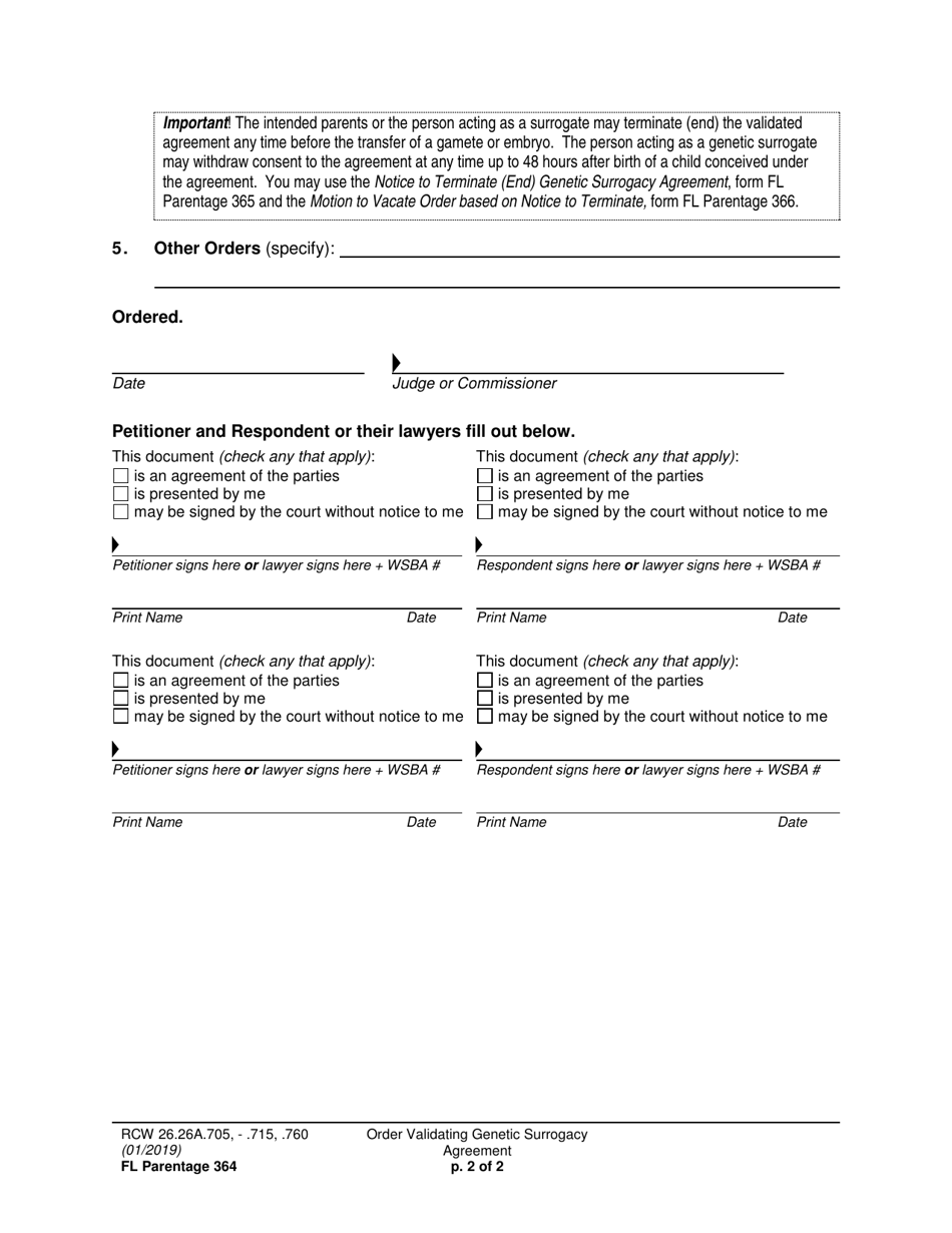 Form FL Parentage364 Order Validating Genetic Surrogacy Agreement - Washington, Page 2