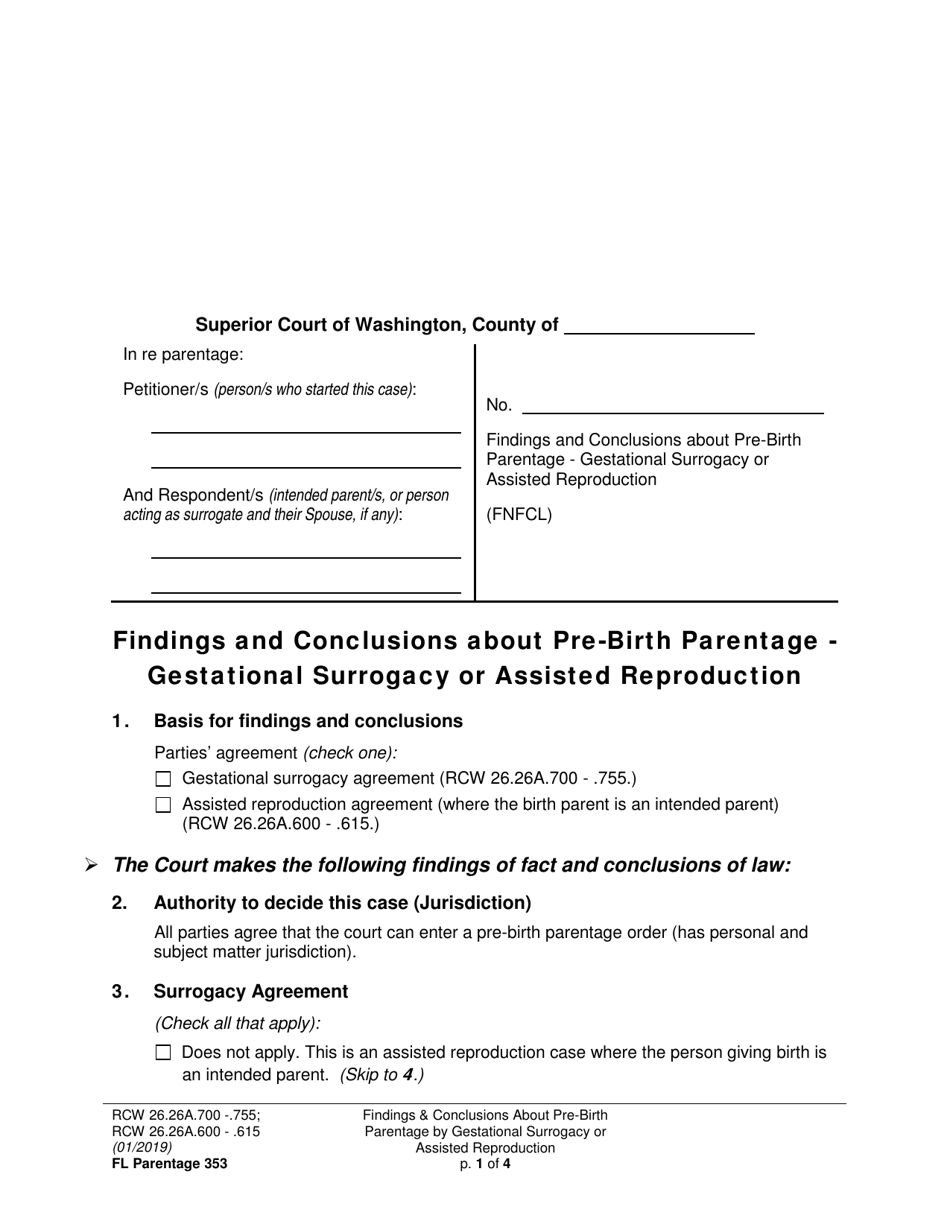 Form FL Parentage353 Findings and Conclusions About Pre-birth Parentage - Gestational Surrogacy or Assisted Reproduction - Washington, Page 1