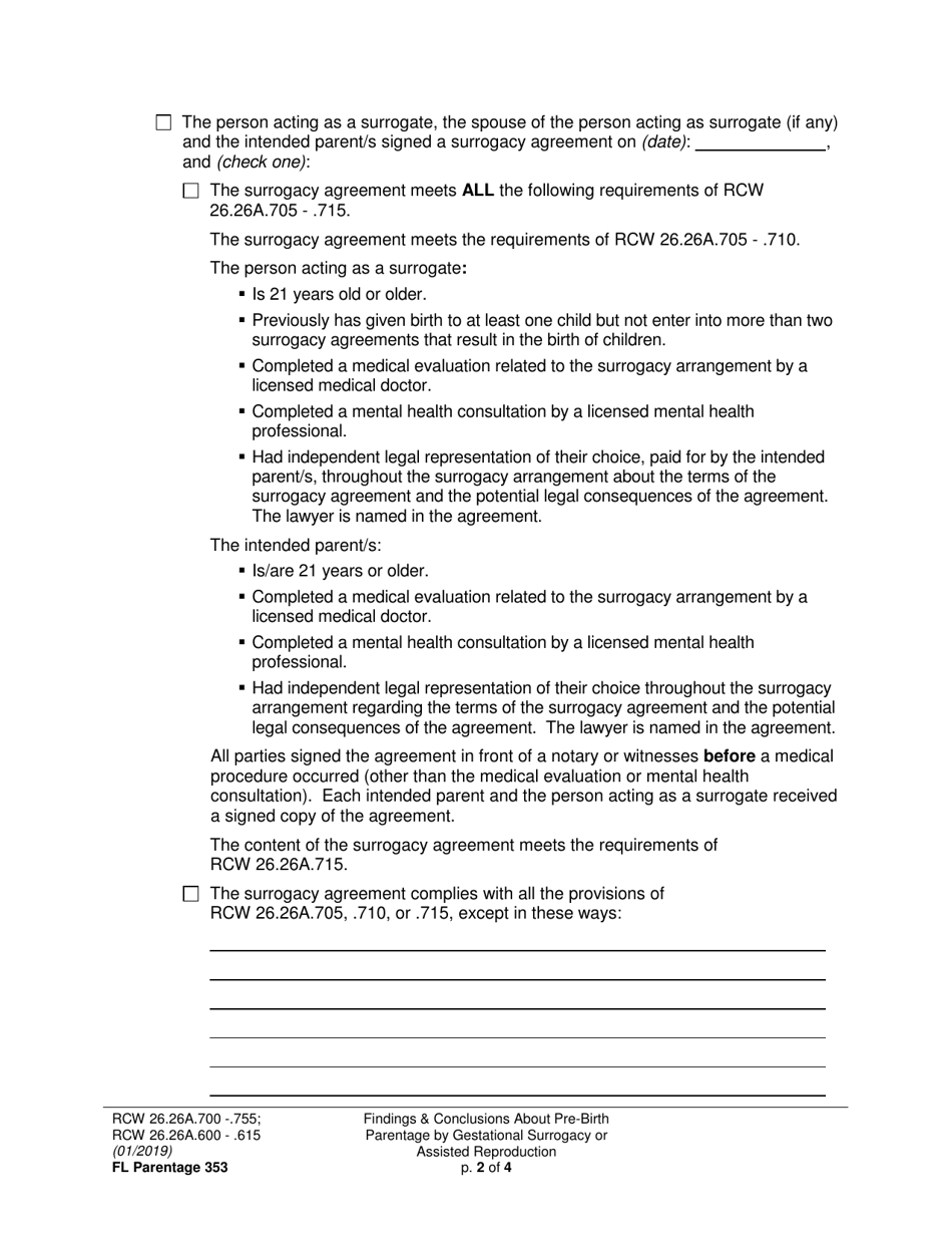 Form FL Parentage353 Findings and Conclusions About Pre-birth Parentage - Gestational Surrogacy or Assisted Reproduction - Washington, Page 2