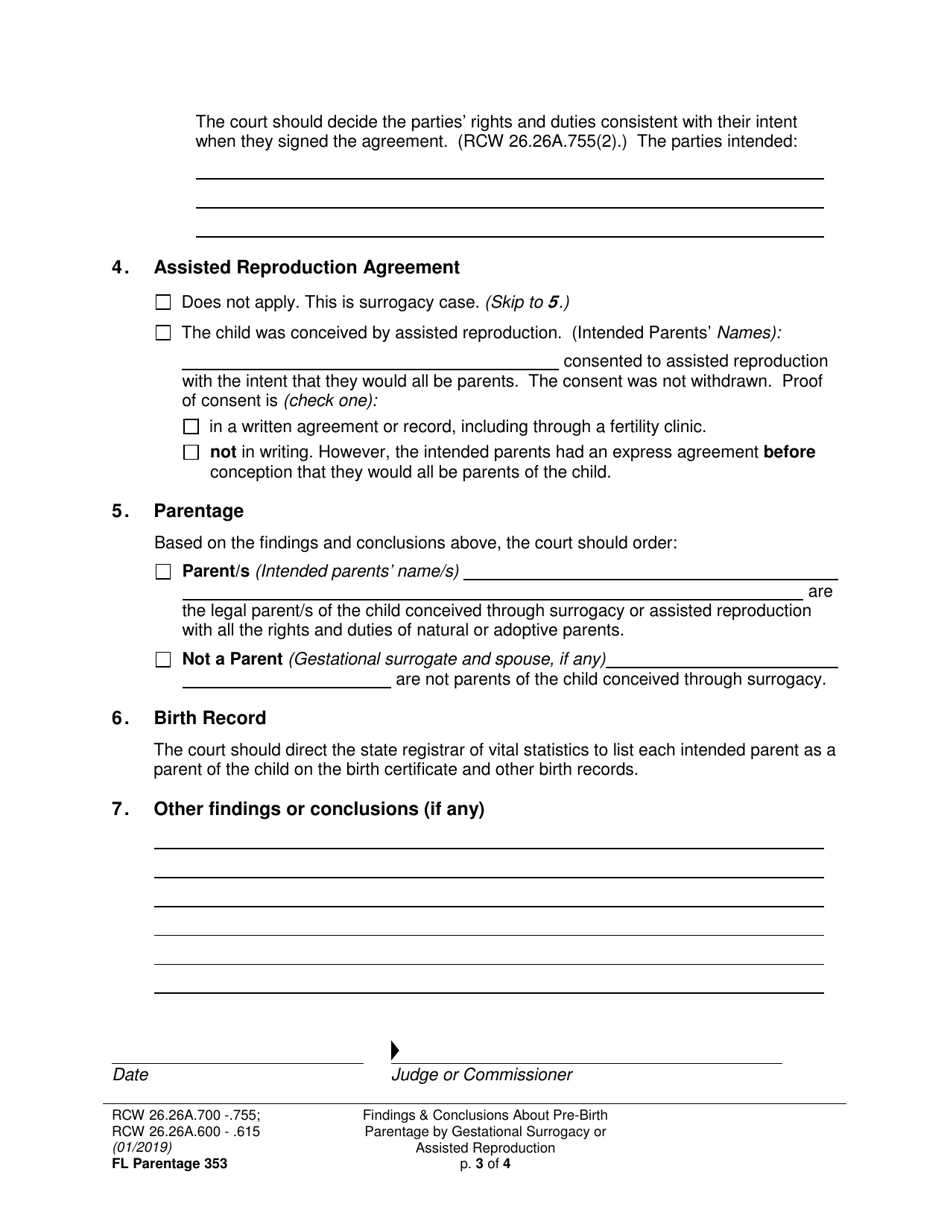 Form FL Parentage353 Findings and Conclusions About Pre-birth Parentage - Gestational Surrogacy or Assisted Reproduction - Washington, Page 3