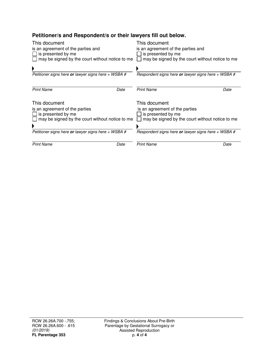 Form FL Parentage353 Findings and Conclusions About Pre-birth Parentage - Gestational Surrogacy or Assisted Reproduction - Washington, Page 4