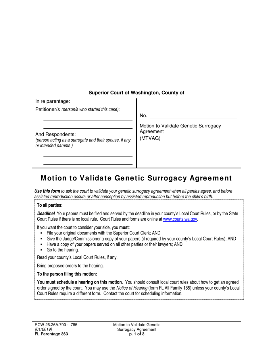Form FL Parentage363 Motion to Validate Genetic Surrogacy Agreement - Washington, Page 1