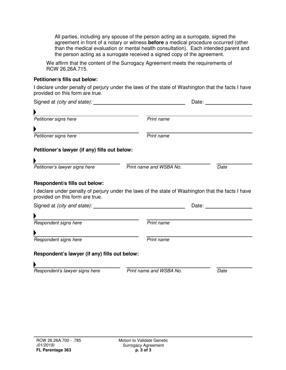 Form FL Parentage363 Motion to Validate Genetic Surrogacy Agreement - Washington, Page 3