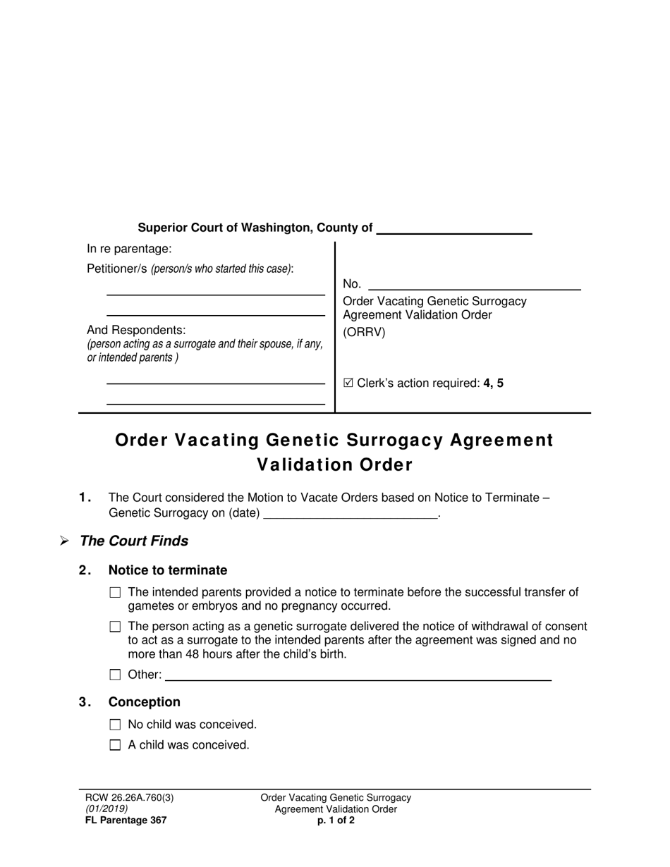 Form FL Parentage367 Order Vacating Genetic Surrogacy Agreement Validation Order - Washington, Page 1