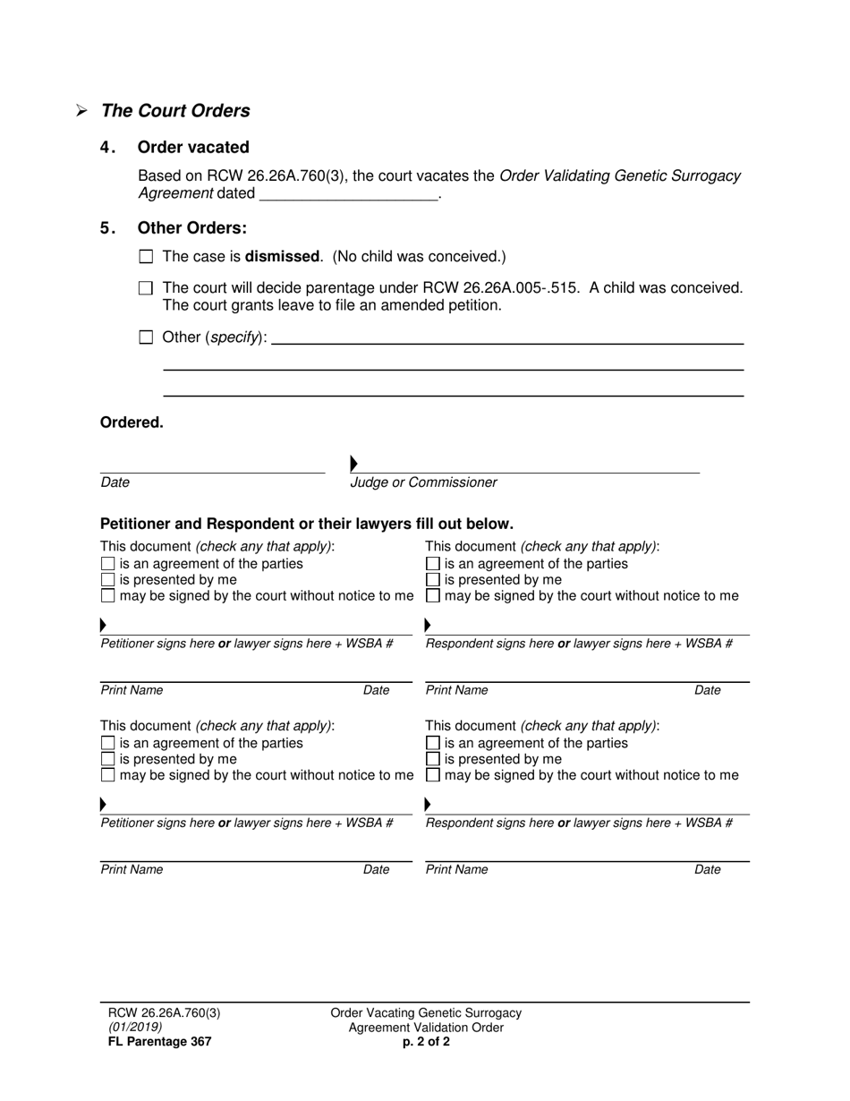 Form FL Parentage367 Order Vacating Genetic Surrogacy Agreement Validation Order - Washington, Page 2
