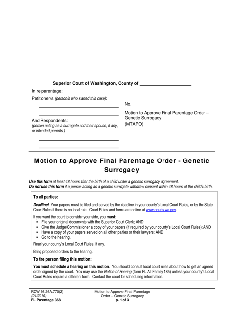 Form FL Parentage368 Motion to Approve Final Parentage Order - Genetic Surrogacy - Washington