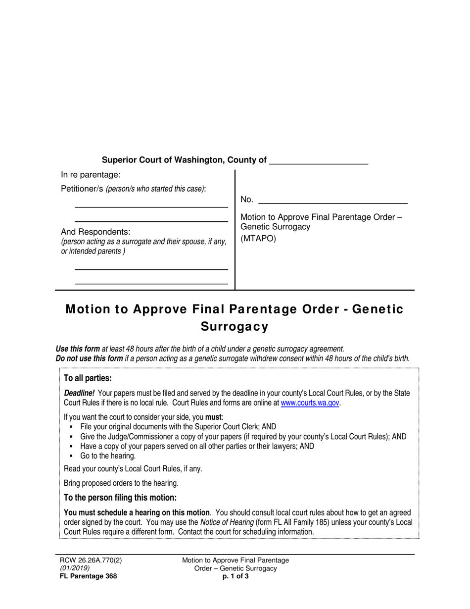 Form FL Parentage368 Motion to Approve Final Parentage Order - Genetic Surrogacy - Washington, Page 1