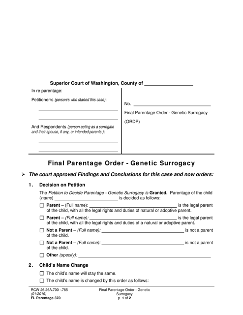 Form FL Parentage370 Final Parentage Order - Genetic Surrogacy - Washington