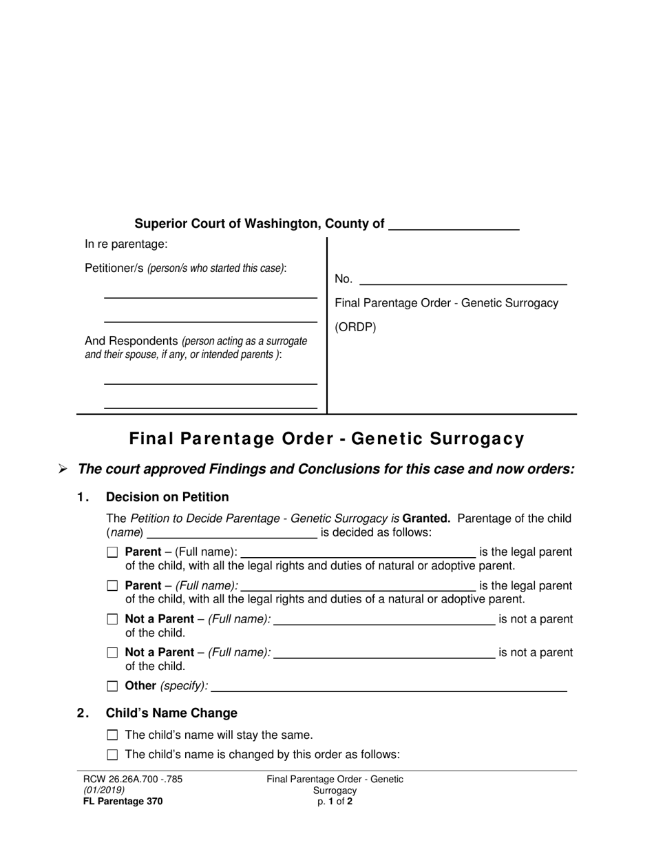 Form FL Parentage370 Final Parentage Order - Genetic Surrogacy - Washington, Page 1