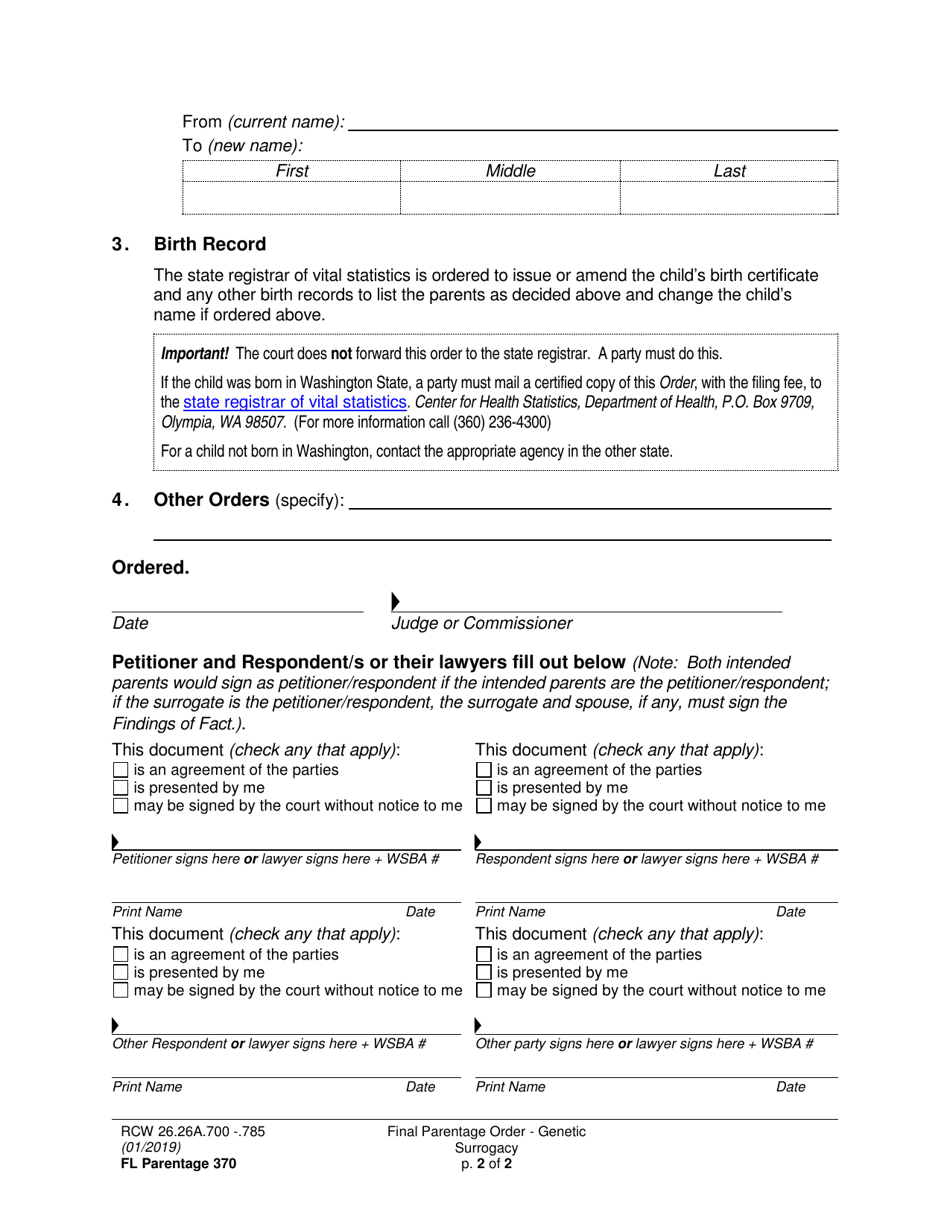 Form FL Parentage370 Final Parentage Order - Genetic Surrogacy - Washington, Page 2