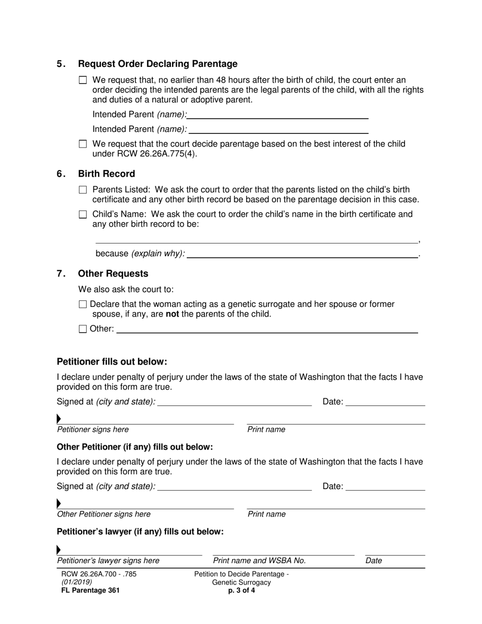 Form FL Parentage361 Petition to Decide Parentage - Genetic Surrogacy - Washington, Page 3