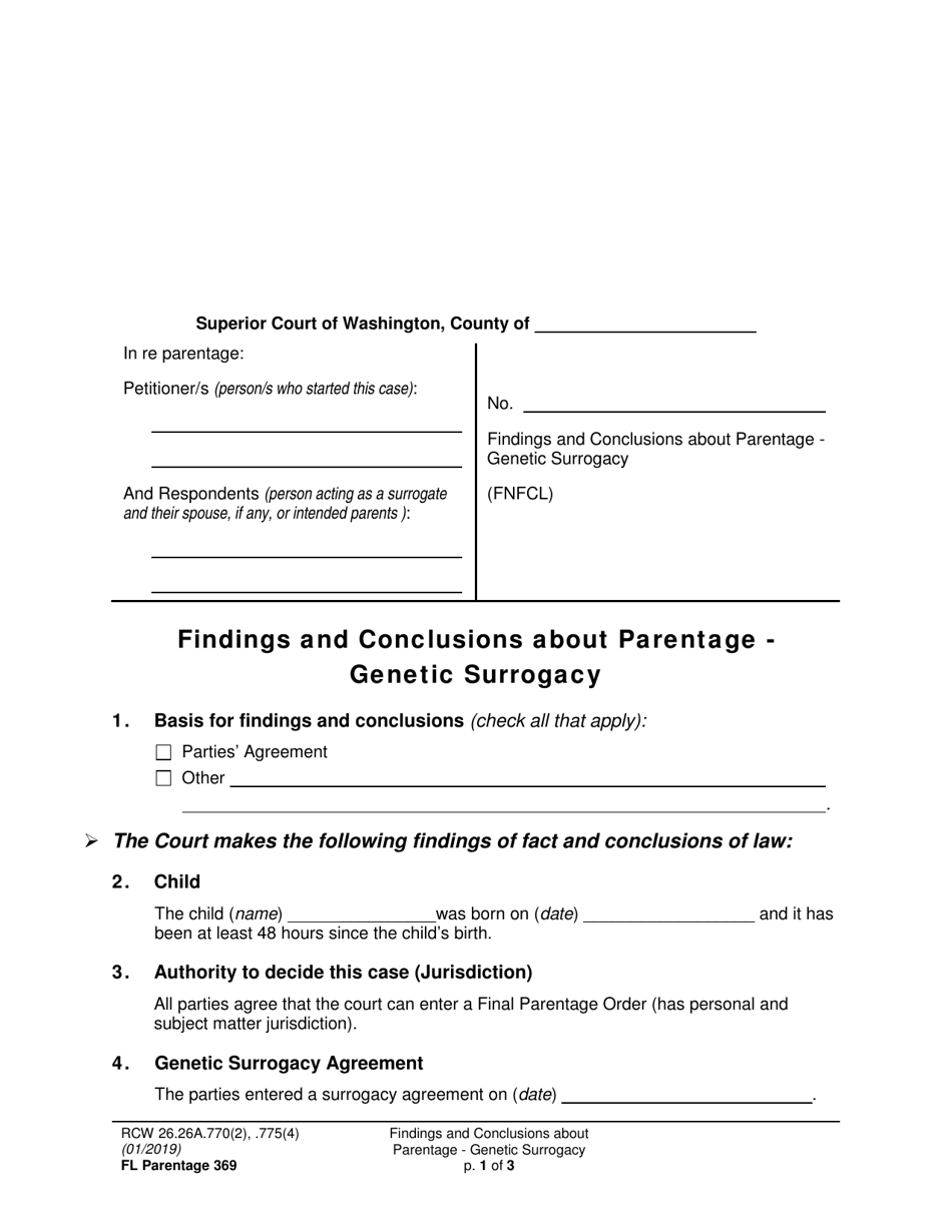Form FL Parentage369 Findings and Conclusions About Parentage - Genetic Surrogacy - Washington, Page 1
