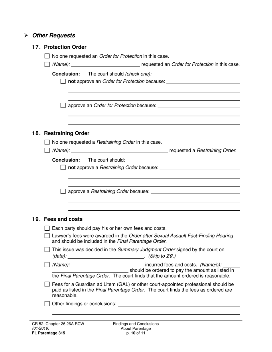 Form FL Parentage315 Findings and Conclusions About Parentage - Washington, Page 10