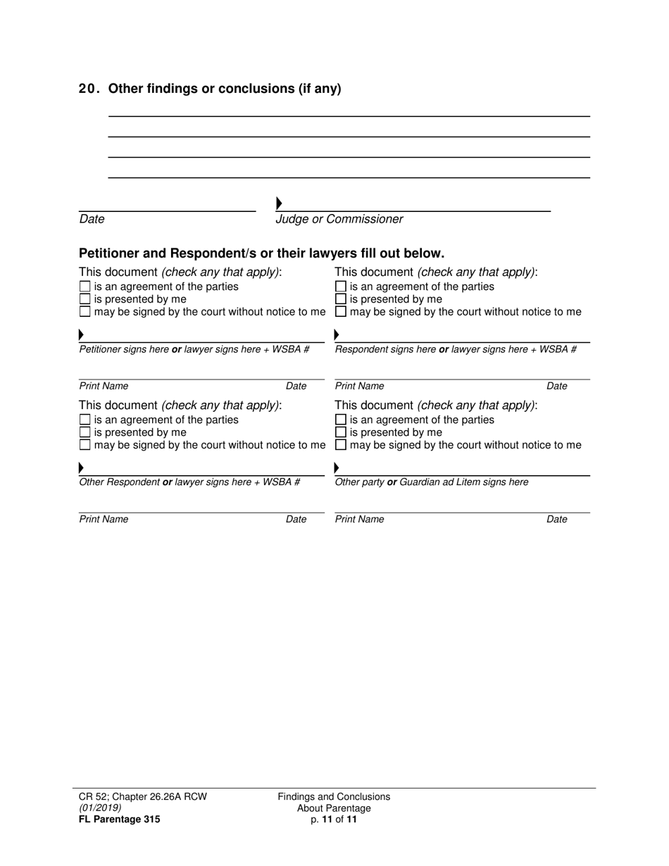 Form FL Parentage315 Findings and Conclusions About Parentage - Washington, Page 11