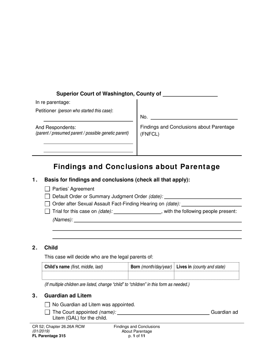 Form FL Parentage315 Findings and Conclusions About Parentage - Washington, Page 1