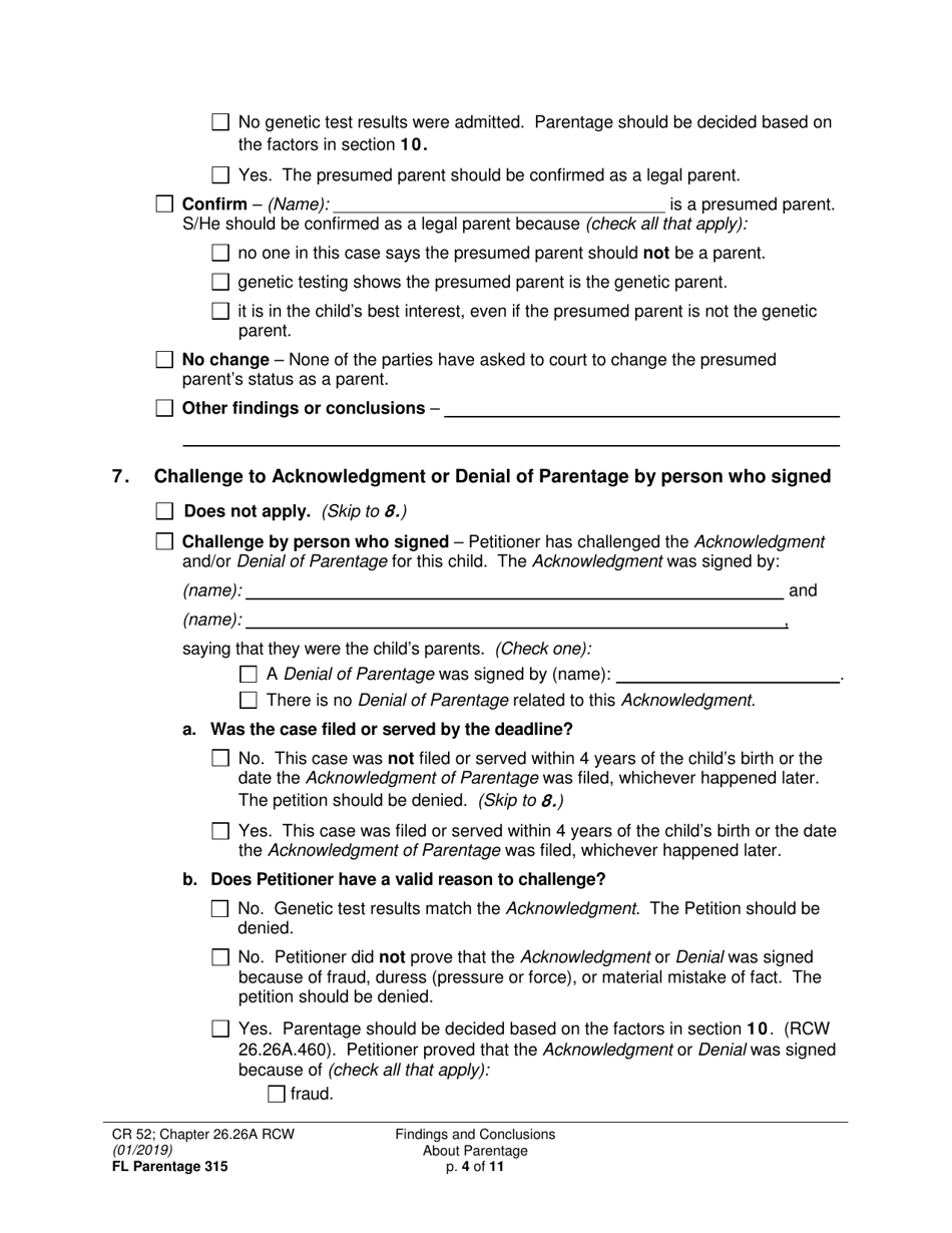 Form FL Parentage315 Findings and Conclusions About Parentage - Washington, Page 4