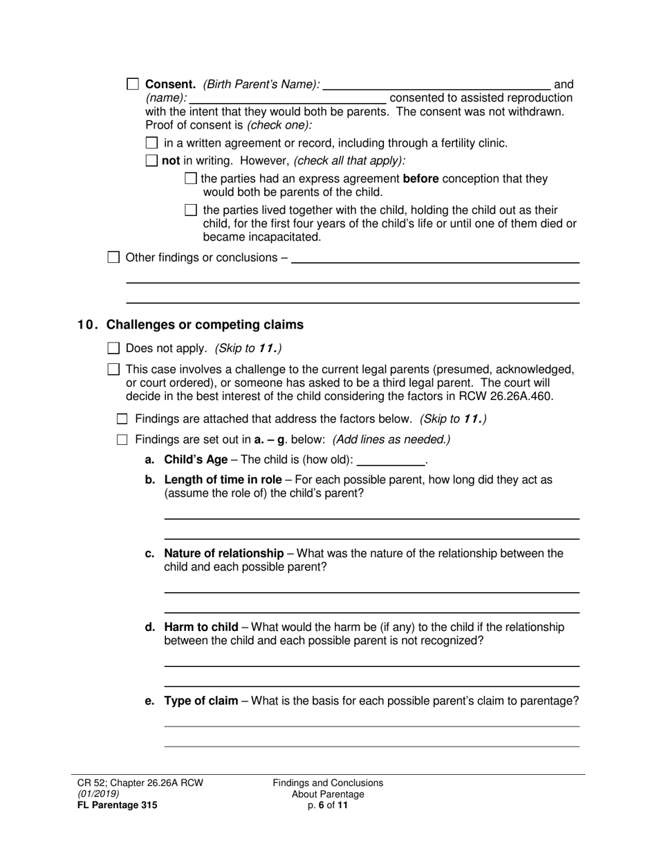 Form FL Parentage315 Findings and Conclusions About Parentage - Washington, Page 6