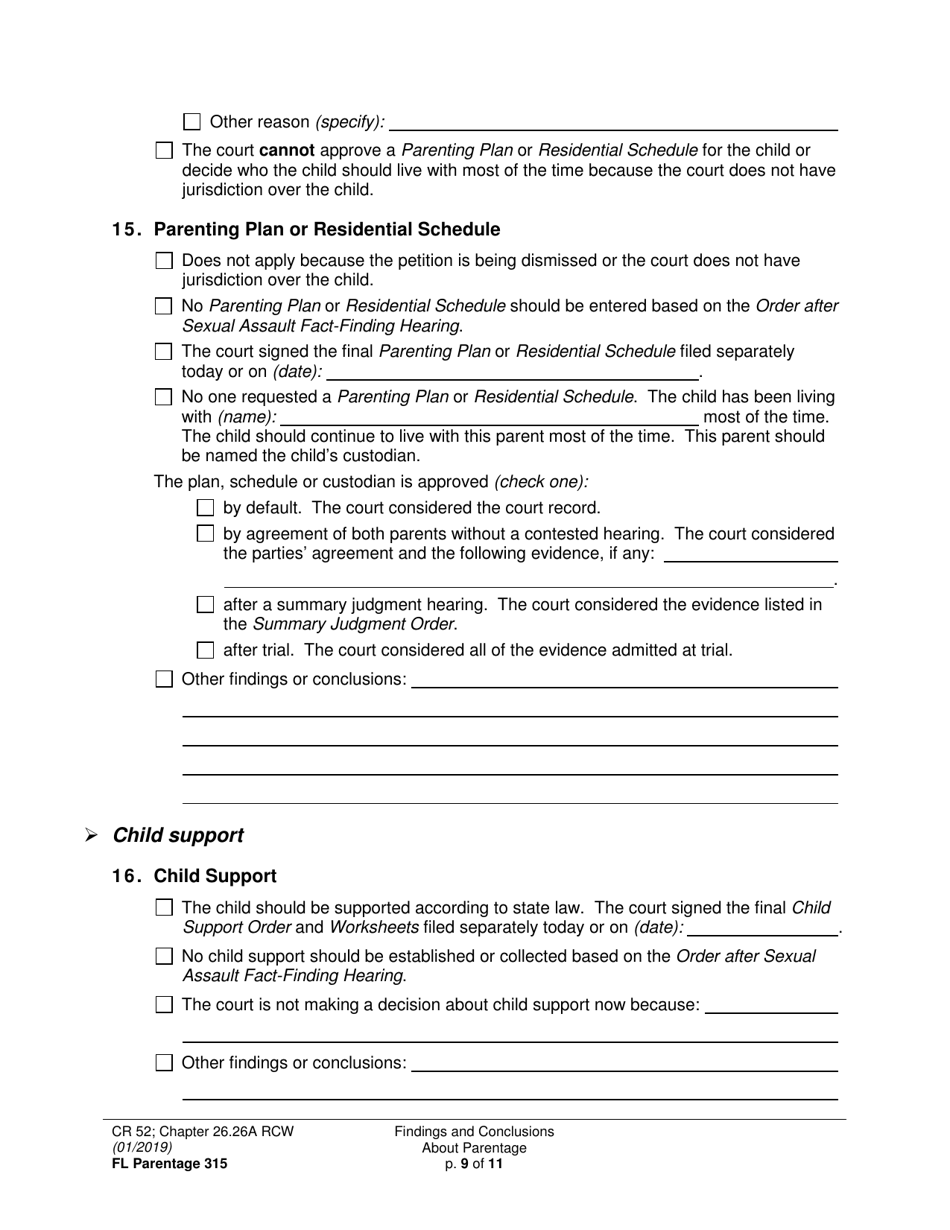 Form FL Parentage315 Findings and Conclusions About Parentage - Washington, Page 9