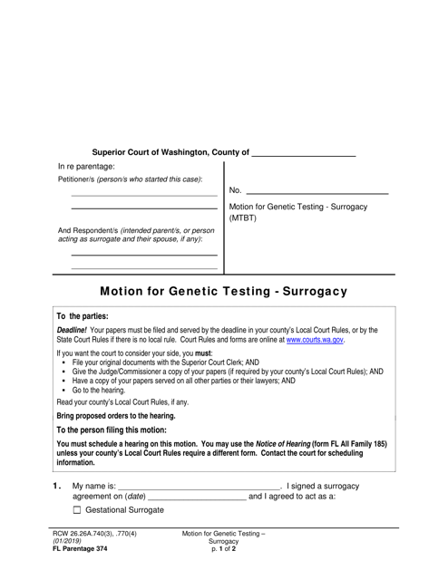 Form FL Parentage374 Motion for Genetic Testing - Surrogacy - Washington