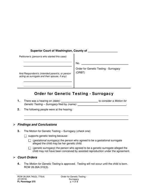 Form FL Parentage375 Order for Genetic Testing - Surrogacy - Washington
