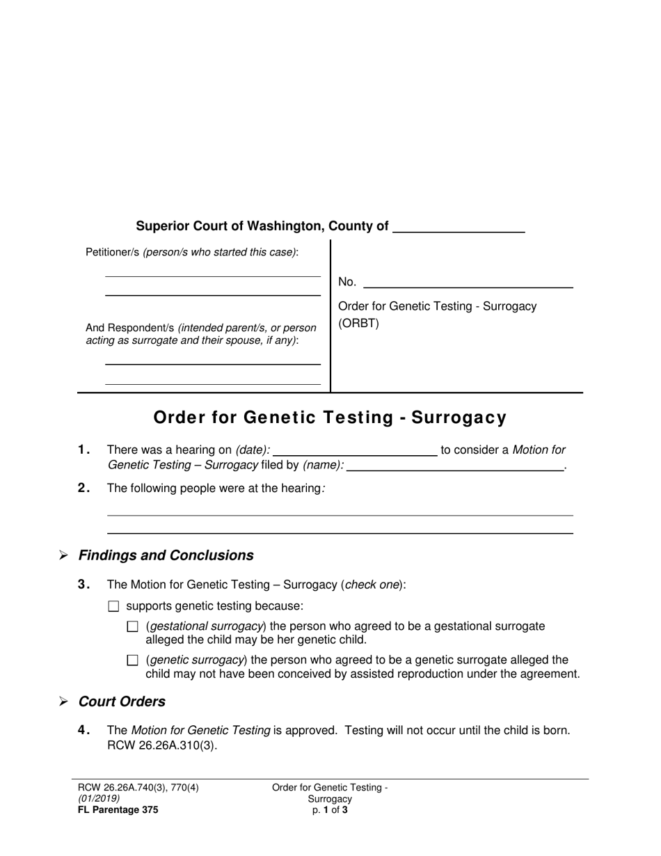 Form FL Parentage375 Order for Genetic Testing - Surrogacy - Washington, Page 1