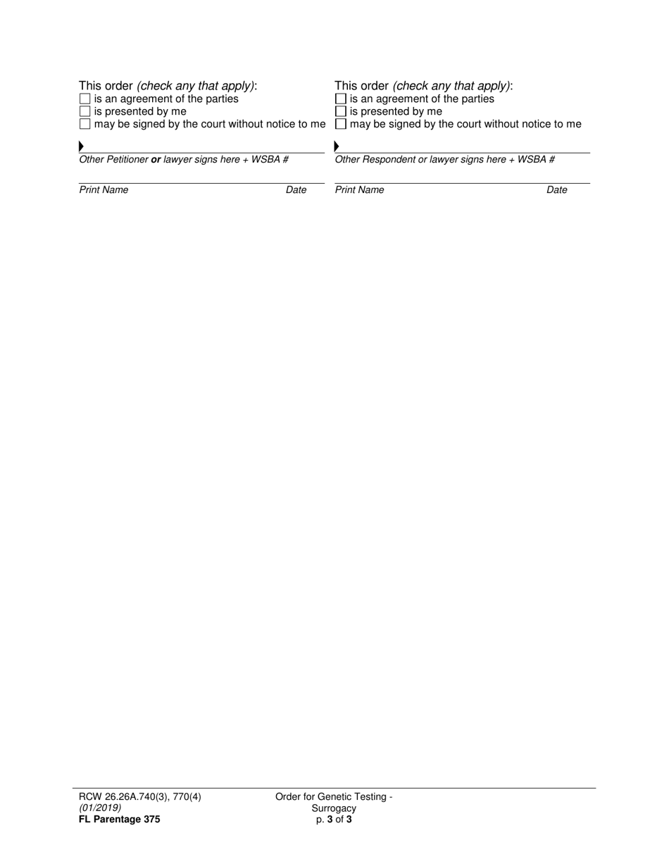 Form FL Parentage375 Order for Genetic Testing - Surrogacy - Washington, Page 3